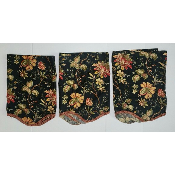 Set of 2 Waverly Felicite Noir Cotton Rod-Pocket Valance Black Floral Scalloped - Picture 9 of 9